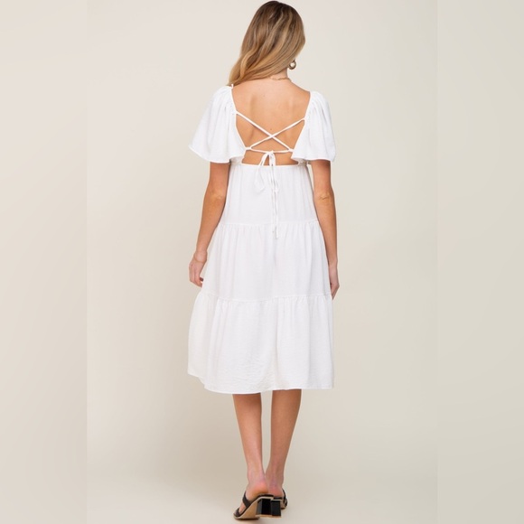 Pinkblush flutter sleeve tiered midi dress with cross cross lace up back nwt - Picture 3 of 5